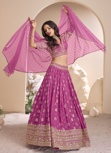 Mesmerizing Zari Embroidered Jacquard Silk Pink Lehenga Choli Set